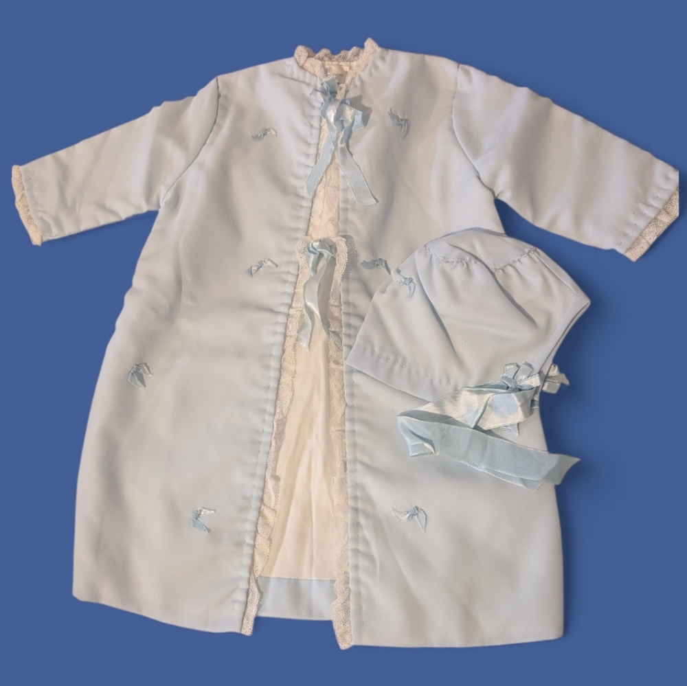 50s 60s Vintage Baby Blue Hudsons Detroit Infant Satin Lace Jacket Bonnet Set